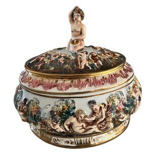 Antique Vintage Capodimonte Porcelain Cherub Centerpiece Bowl w/Lid - ITALY